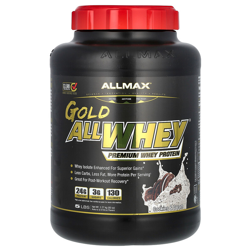 ALLMAX, Gold AllWhey, сывороточный протеин премиального качества, печенье и сливки, 2,27 кг (5 фунтов)
ALLMAX, Gold AllWhey, сывороточный протеин премиального качества, печенье и сливки, 2,27 кг (5 фунтов)