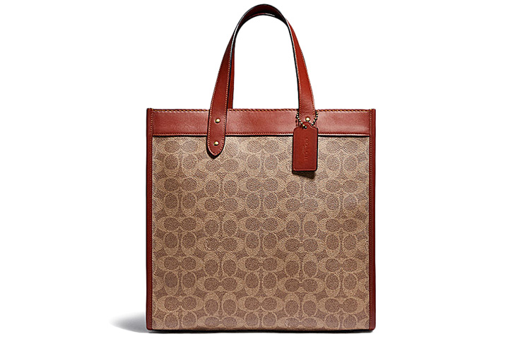 Сумка-шоппер Field Monogram Canvas с кожаными вставками, через плечо, на одно плечо, большая, женская, коричневая COACH