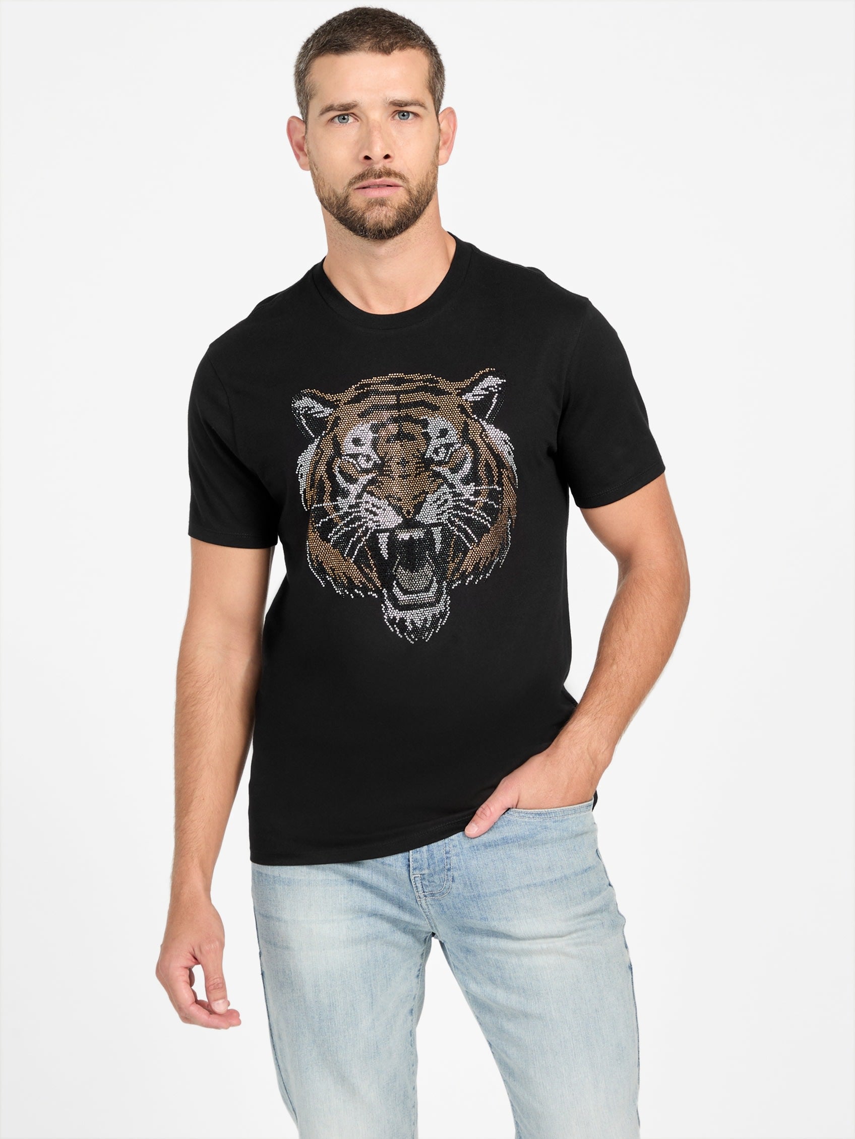 Футболка Bode со стразами и круглым вырезом Guess Factory, черный 
Футболка Bode со стразами и круглым вырезом Guess Factory, черный