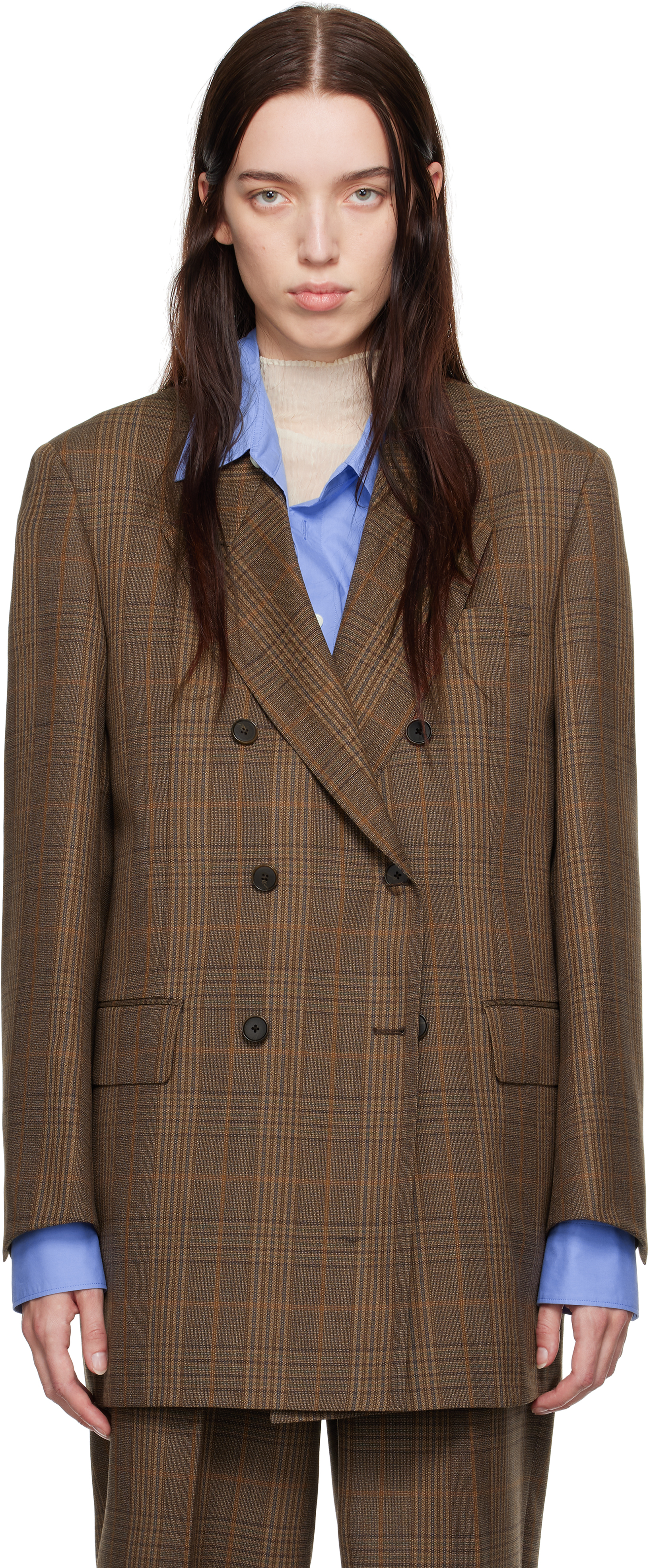 Коричневый двубортный пиджак в клетку из шерсти с синим отливом AURALEE, Brown check
Коричневый двубортный пиджак в клетку из шерсти с синим отливом AURALEE, Brown check