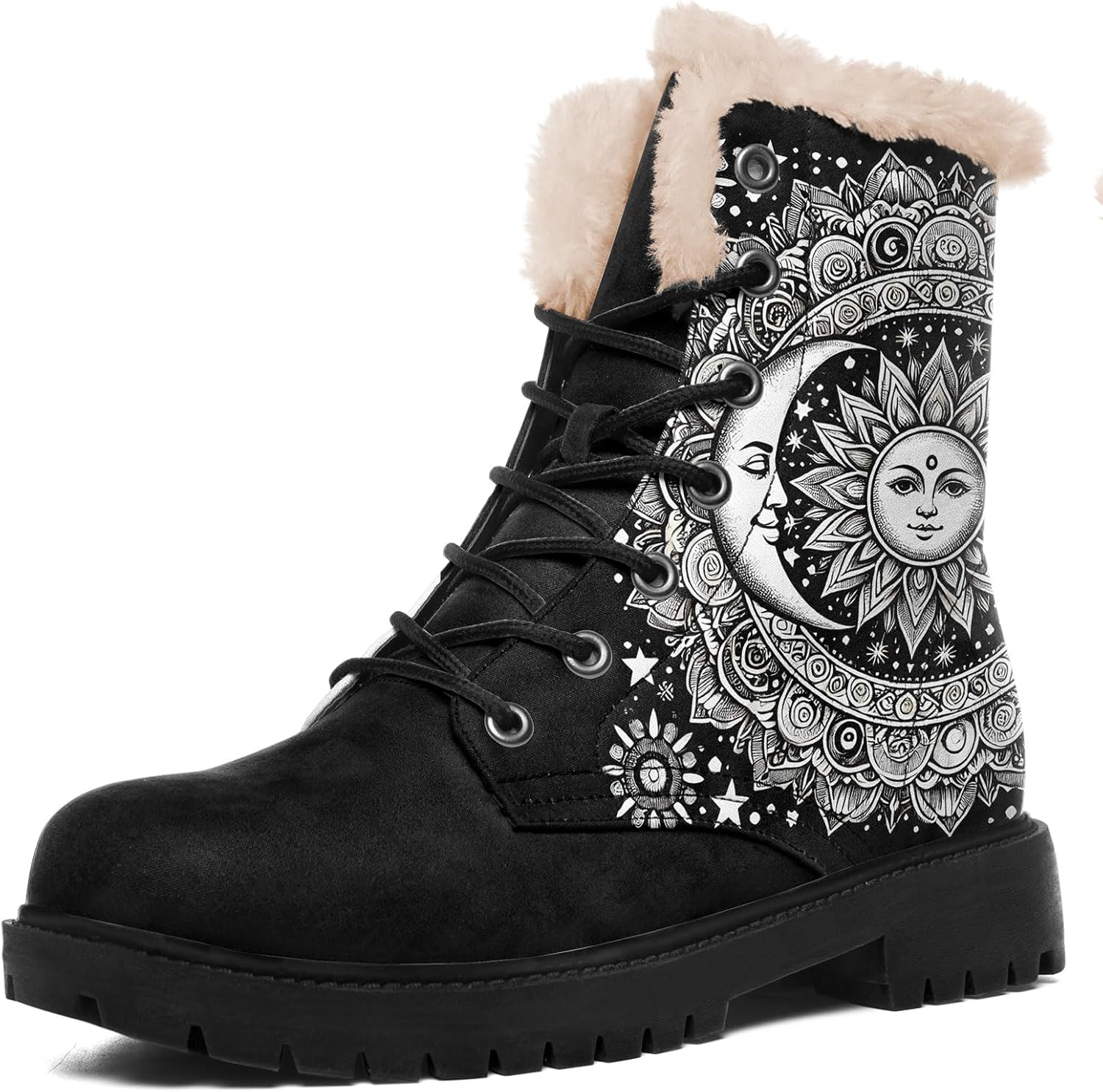 Художественные зимние ботинки для женщин с узорами мандалы Солнце, Луна, Пчела, шнурованные уютные зимние ботинки с искусственным мехом Awsole, белый/черный
Художественные зимние ботинки для женщин с узорами мандалы Солнце, Луна, Пчела, шнурованные уютные зимние ботинки с искусственным мехом Awsole, белый/черный