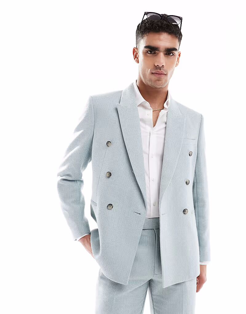 Двубортный пиджак из шерстяной смеси, светло-голубого плетения Asos Design
Двубортный пиджак из шерстяной смеси, светло-голубого плетения Asos Design