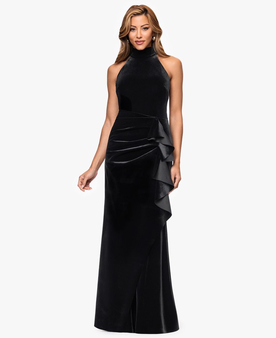 Женское бархатное платье с воротником-халтером и боковыми складками XSCAPE, Black
Женское бархатное платье с воротником-халтером и боковыми складками XSCAPE, Black