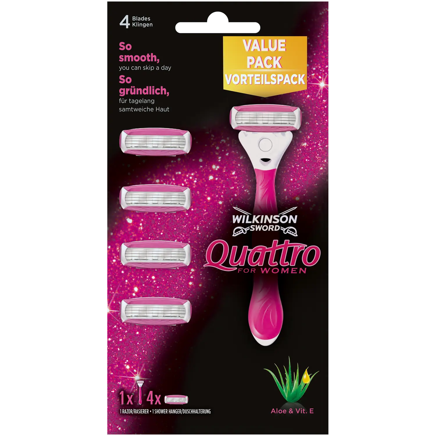 Wilkinson Sword Quattro For Women бритва, 1 шт. + картриджи, 4 шт./1 уп.
Wilkinson Sword Quattro For Women бритва, 1 шт. + картриджи, 4 шт./1 уп.