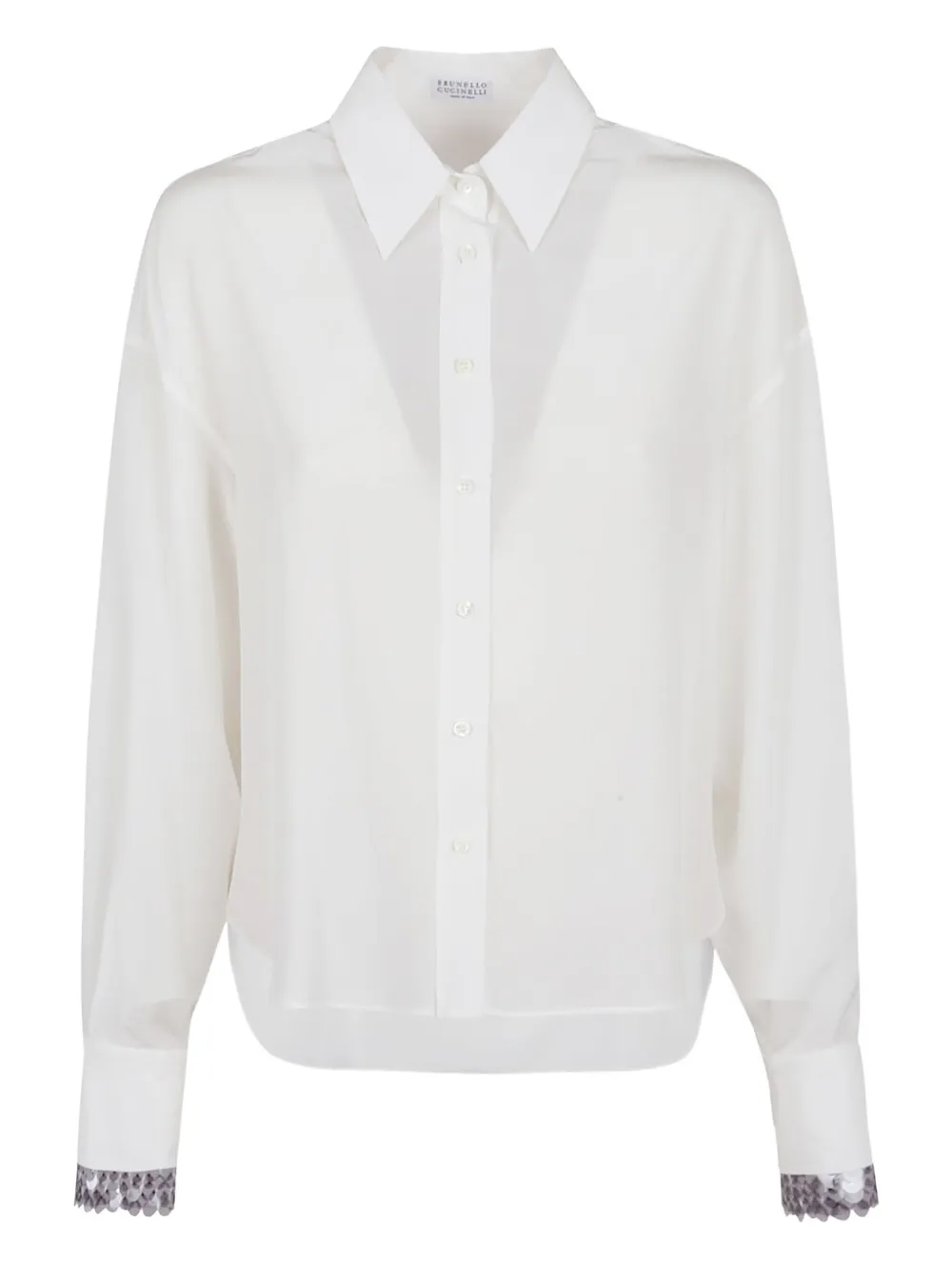 Шелковая рубашка, украшенная пайетками Brunello Cucinelli, белый
Шелковая рубашка, украшенная пайетками Brunello Cucinelli, белый