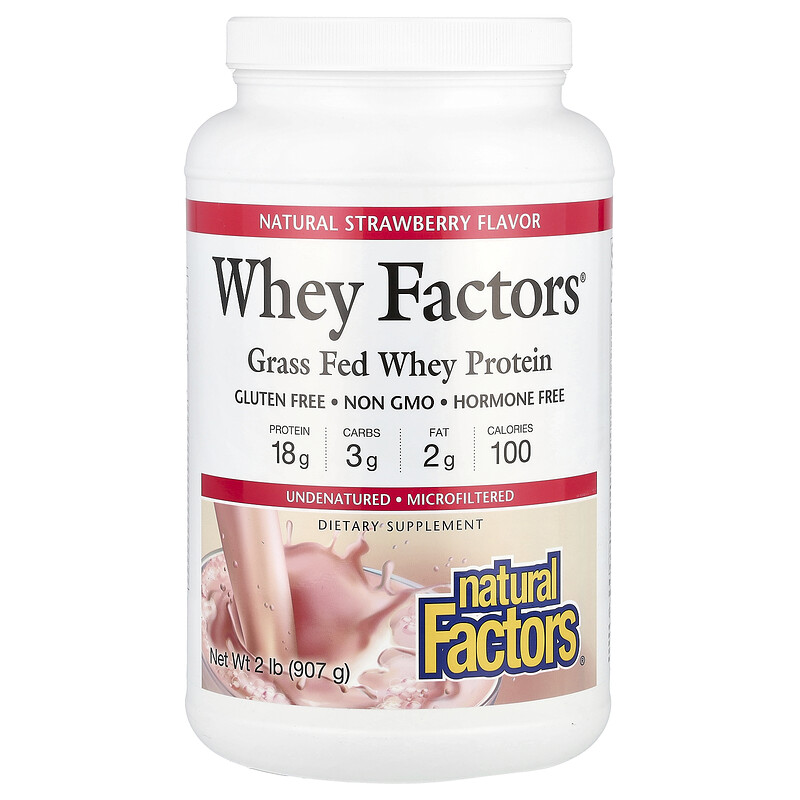 Natural Factors, Whey Factors, сывороточный протеин травяного откорма, клубника, 907 г (2 фунта)
Natural Factors, Whey Factors, сывороточный протеин травяного откорма, клубника, 907 г (2 фунта)