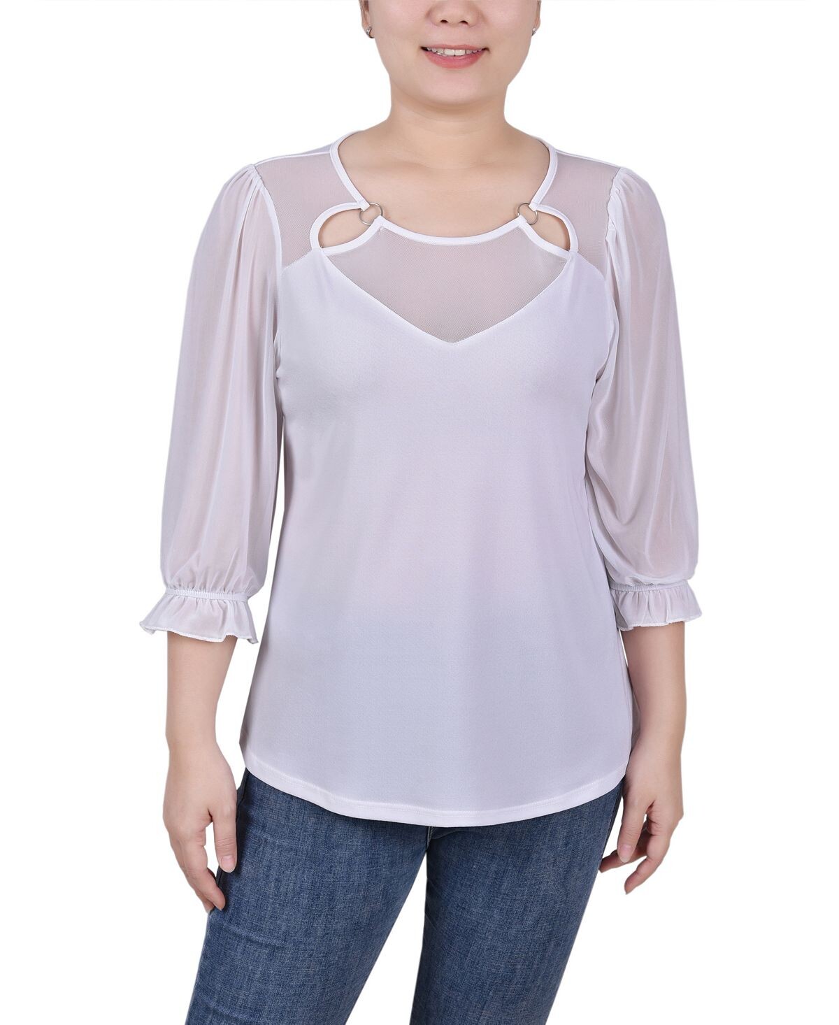 Миниатюрный сетчатый топ с рукавами 3/4 и кольцами NY Collection, белый 
Миниатюрный сетчатый топ с рукавами 3/4 и кольцами NY Collection, белый