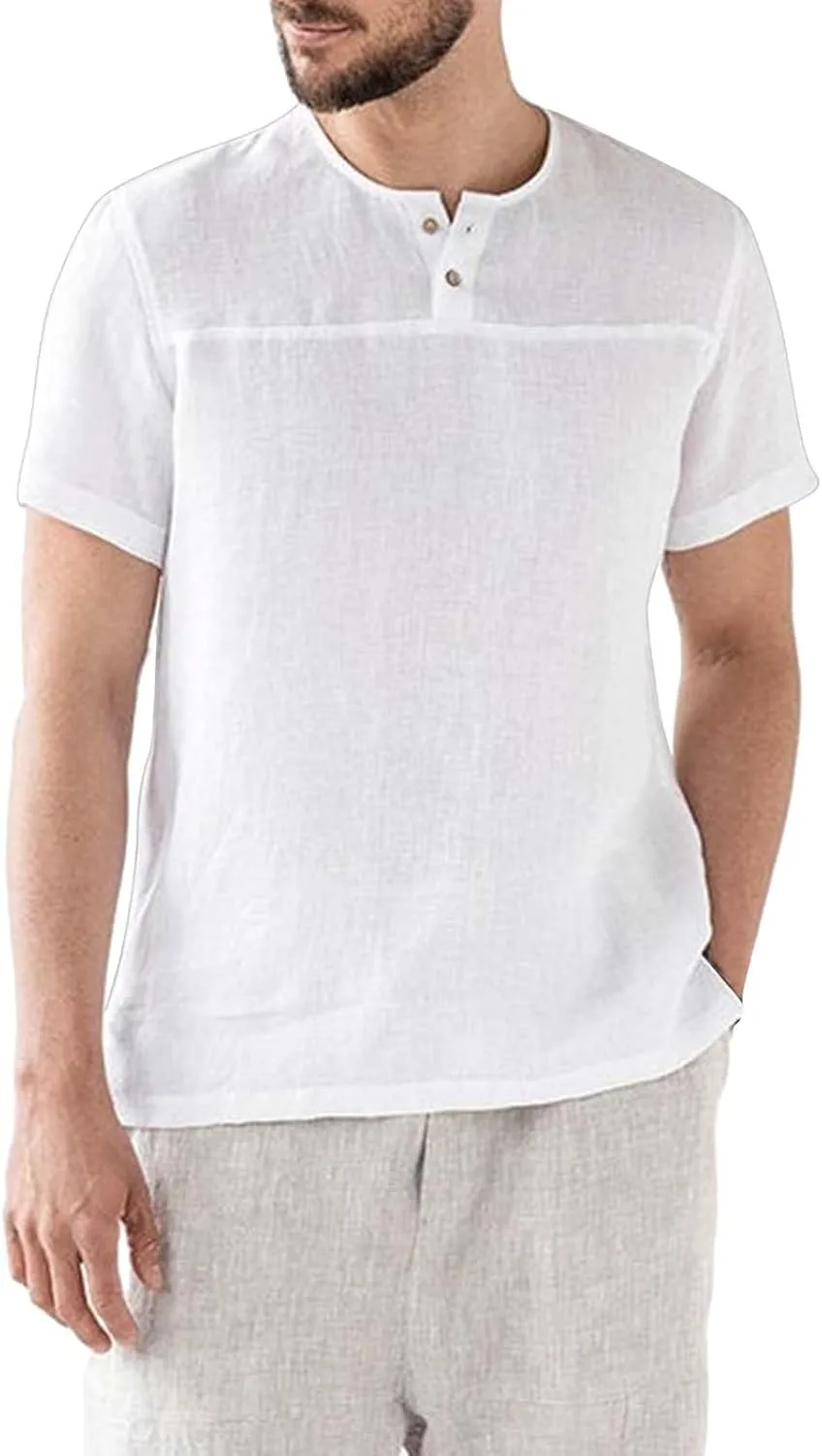 Мужская хлопковая льняная футболка хенли с коротким рукавом
Мужская хлопковая льняная футболка хенли с коротким рукавом