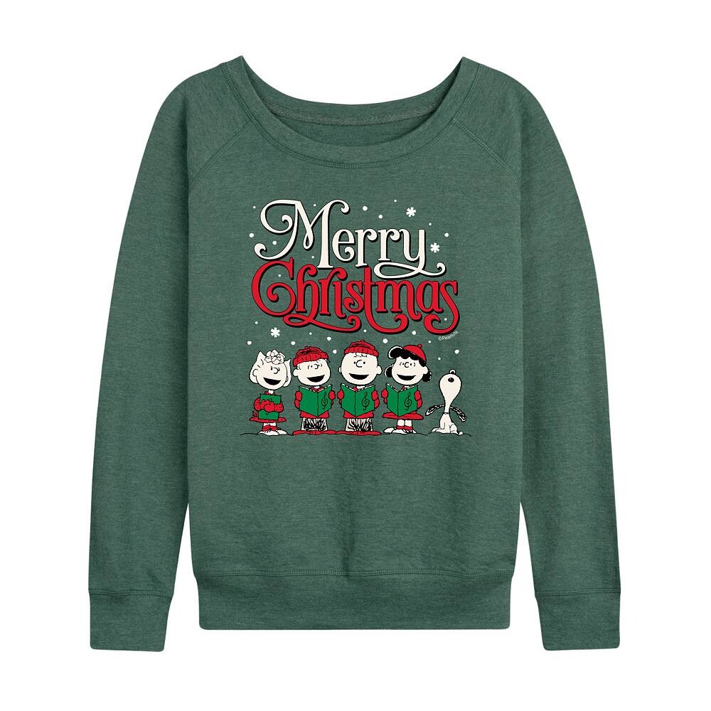 Женский легкий свитшот из френч-терри Peanuts Merry Christmas Carols Licensed Character, цвет Heather Green 
Женский легкий свитшот из френч-терри Peanuts Merry Christmas Carols Licensed Character, цвет Heather Green