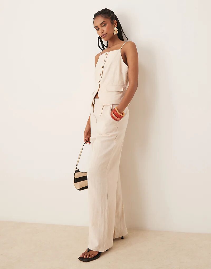 Брюки YAS из льна с высокой талией и широкими штанинами, кремового меланжевого цвета 
Брюки YAS из льна с высокой талией и широкими штанинами, кремового меланжевого цвета