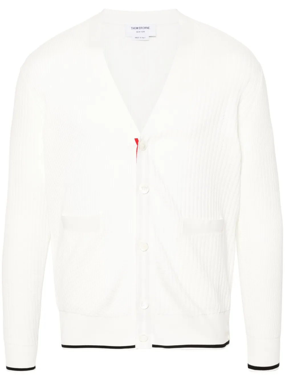 Кардиган рыхлой вязки с полосками 4-Bar THOM BROWNE, белый 
Кардиган рыхлой вязки с полосками 4-Bar THOM BROWNE, белый