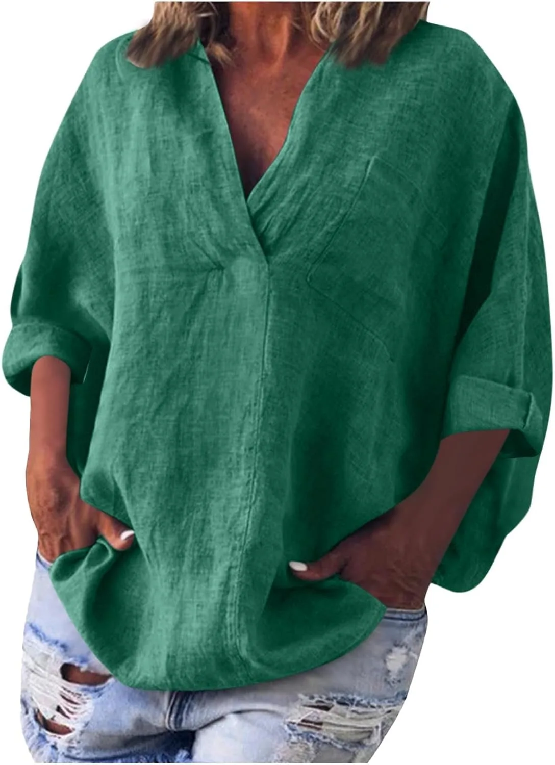 Женская блузка с лацканами и карманом 3/4 рукава, лен, для весны и лета AKTCVVJ
Женская блузка с лацканами и карманом 3/4 рукава, лен, для весны и лета AKTCVVJ