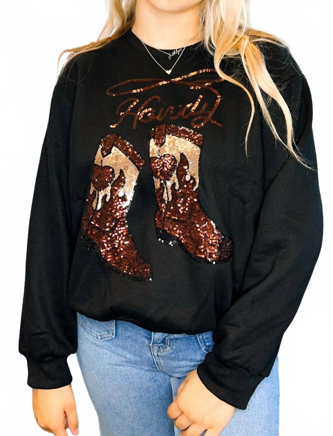 Черный свитшот с длинным рукавом и пайетками в виде ковбойских сапог SHE + SKY
Черный свитшот с длинным рукавом и пайетками в виде ковбойских сапог SHE + SKY