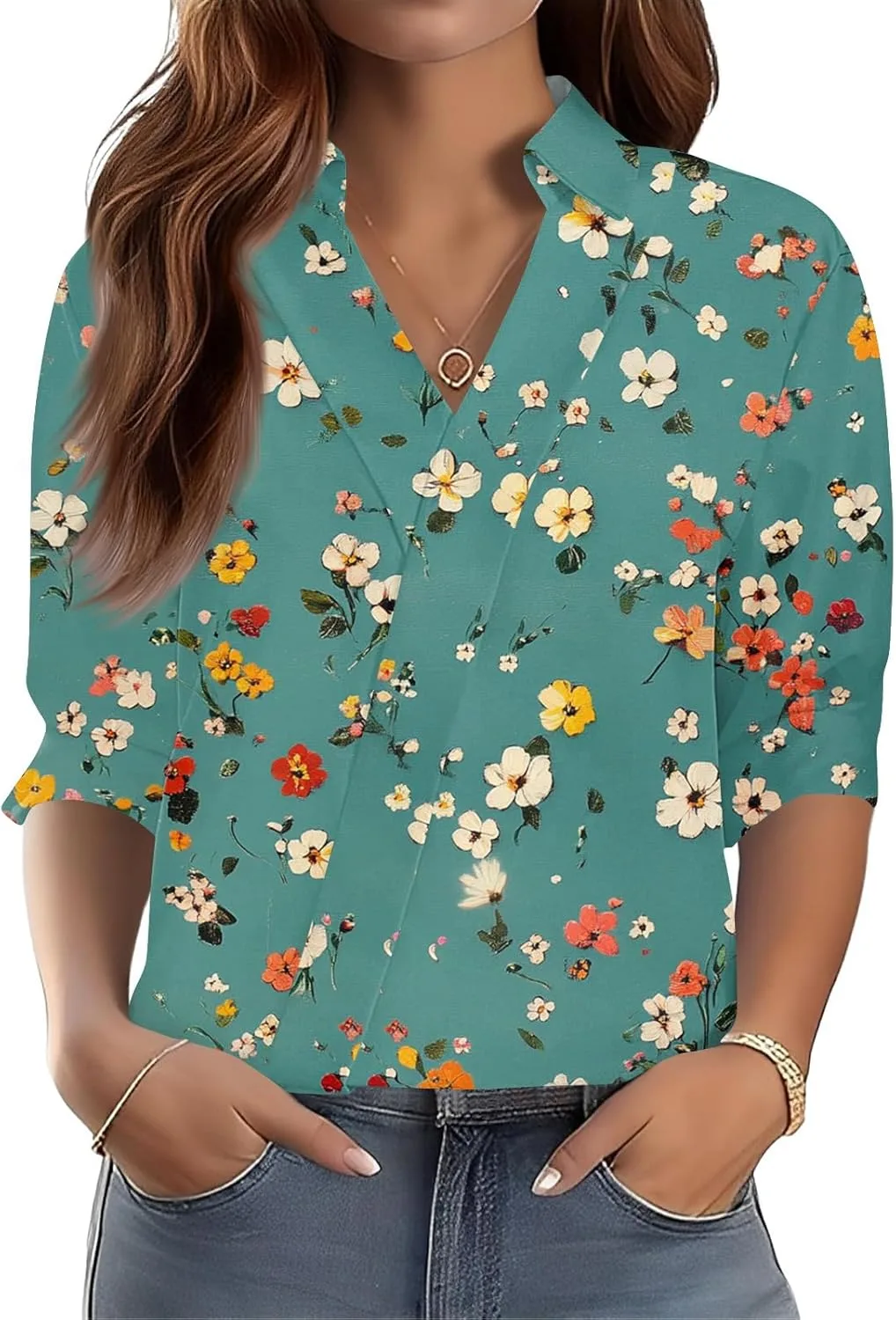 Женский топ с лацканом и V-образным вырезом, 3/4 рукава
Женский топ с лацканом и V-образным вырезом, 3/4 рукава