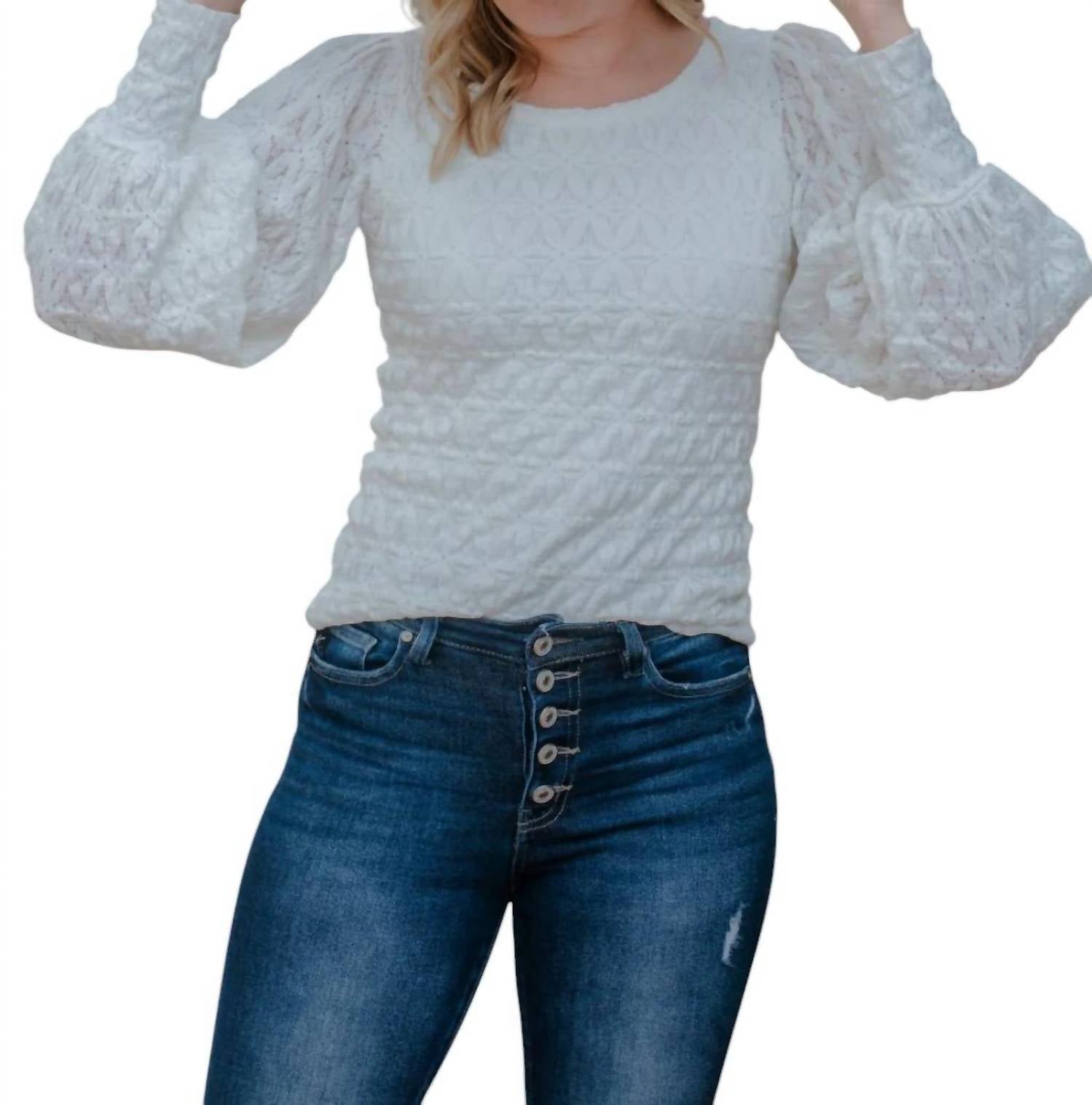 Блузка с длинными рукавами и кружевным вырезом-замочной скважиной белого цвета Kyemi 
Блузка с длинными рукавами и кружевным вырезом-замочной скважиной белого цвета Kyemi