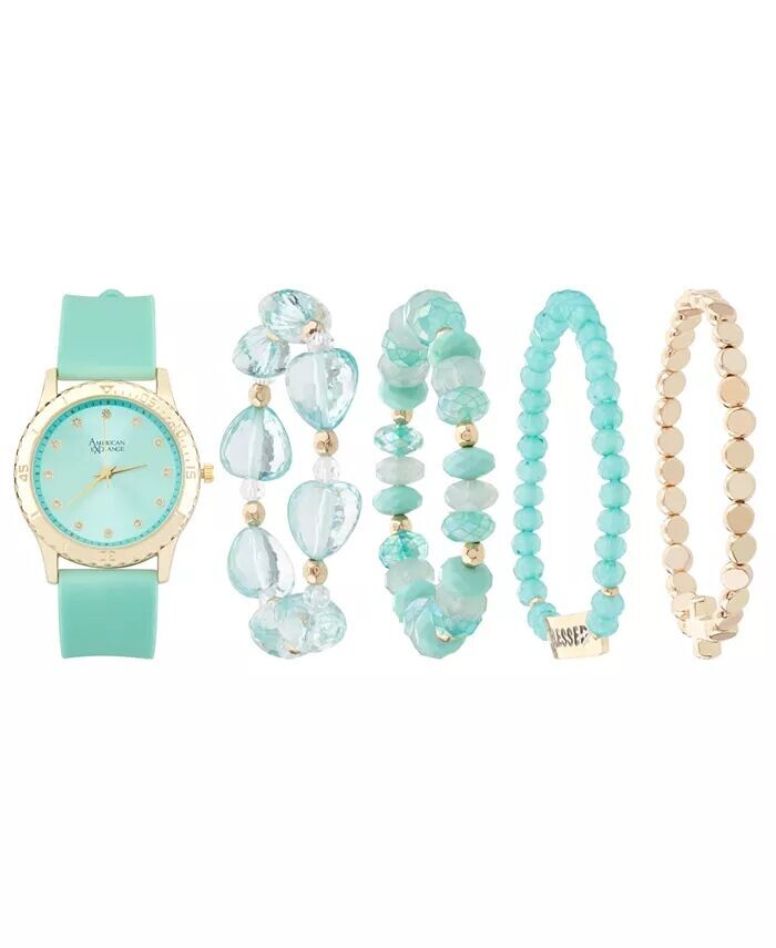 Женские аналоговые часы с матовым бирюзовым силиконовым ремешком, 38 мм, со штабелируемыми браслетами, подарочный набор American Exchange, синий
Женские аналоговые часы с матовым бирюзовым силиконовым ремешком, 38 мм, со штабелируемыми браслетами, подарочный набор American Exchange, синий