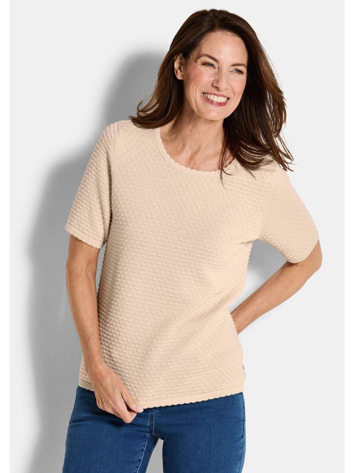 Короткий размер: трикотажный свитер/рубашка с короткими рукавами и круглым вырезом бежевого цвета. GOLDNER
Короткий размер: трикотажный свитер/рубашка с короткими рукавами и круглым вырезом бежевого цвета. GOLDNER