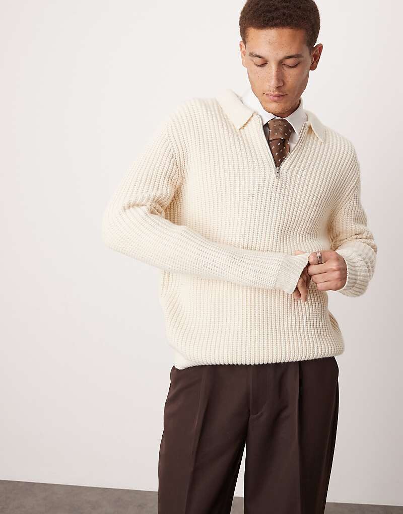 Кремовый свитер оверсайз в рубчик из смесовой шерсти с воротником на молнии ASOS DESIGN 
Кремовый свитер оверсайз в рубчик из смесовой шерсти с воротником на молнии ASOS DESIGN