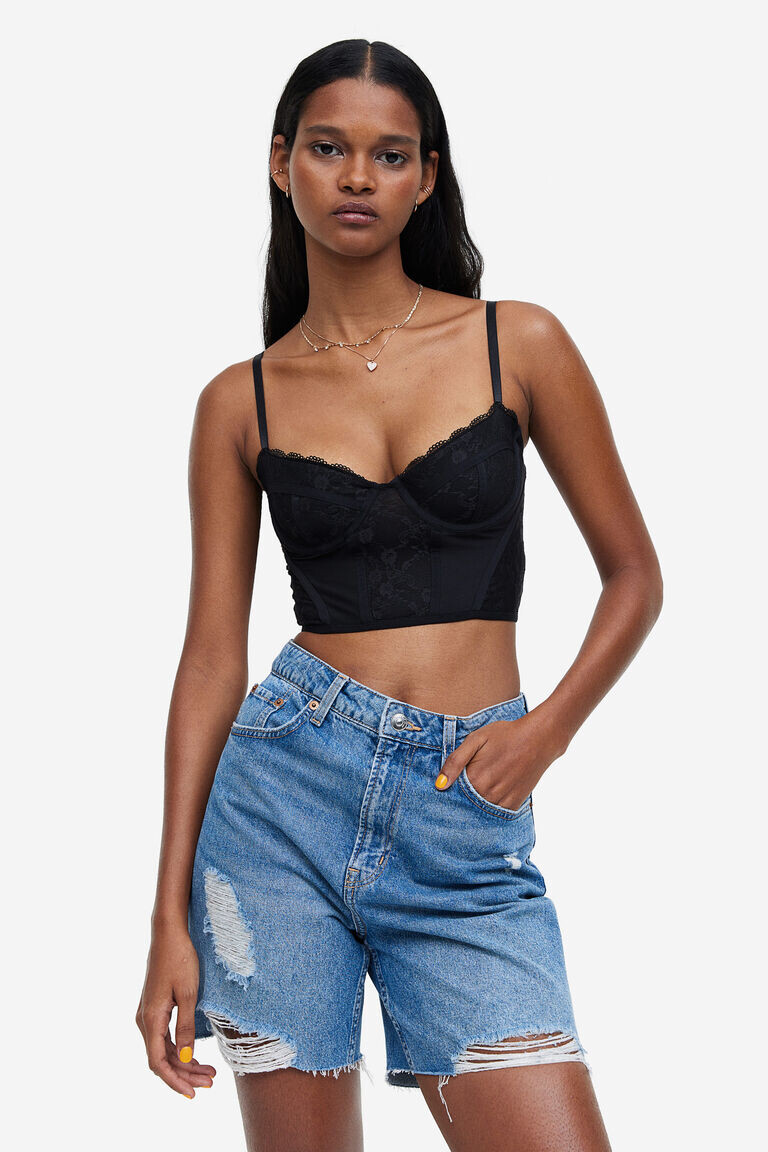 Топ-бюстье из сетки с кружевом H&M, черный
Топ-бюстье из сетки с кружевом H&M, черный