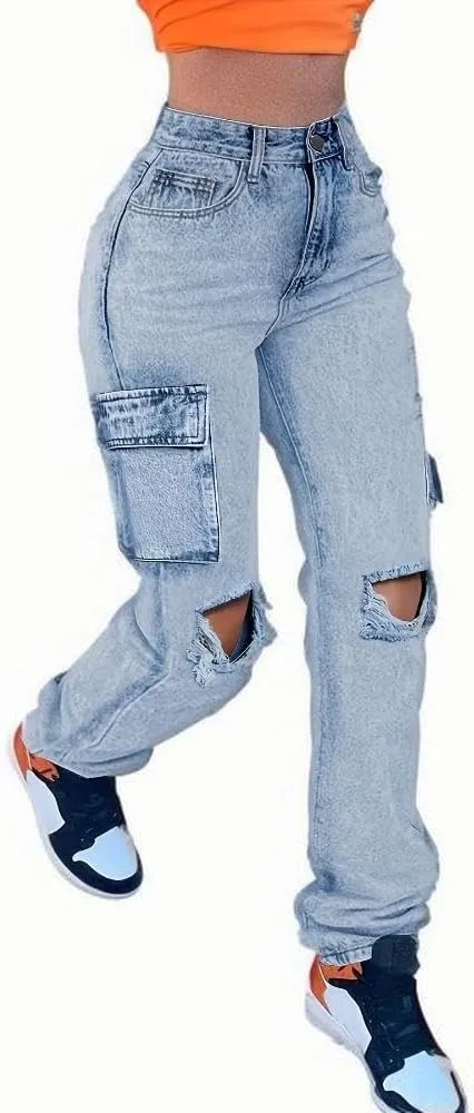 Женские джинсы-карго с потертостями и разрывами на коленях, широкие и свободные, с боковыми карманами Foresi
Женские джинсы-карго с потертостями и разрывами на коленях, широкие и свободные, с боковыми карманами Foresi