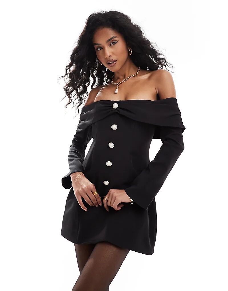 Эксклюзивное мини-платье черного цвета с открытыми плечами, расклешенными рукавами и отделкой из жемчужных пуговиц The Frolic
Эксклюзивное мини-платье черного цвета с открытыми плечами, расклешенными рукавами и отделкой из жемчужных пуговиц The Frolic