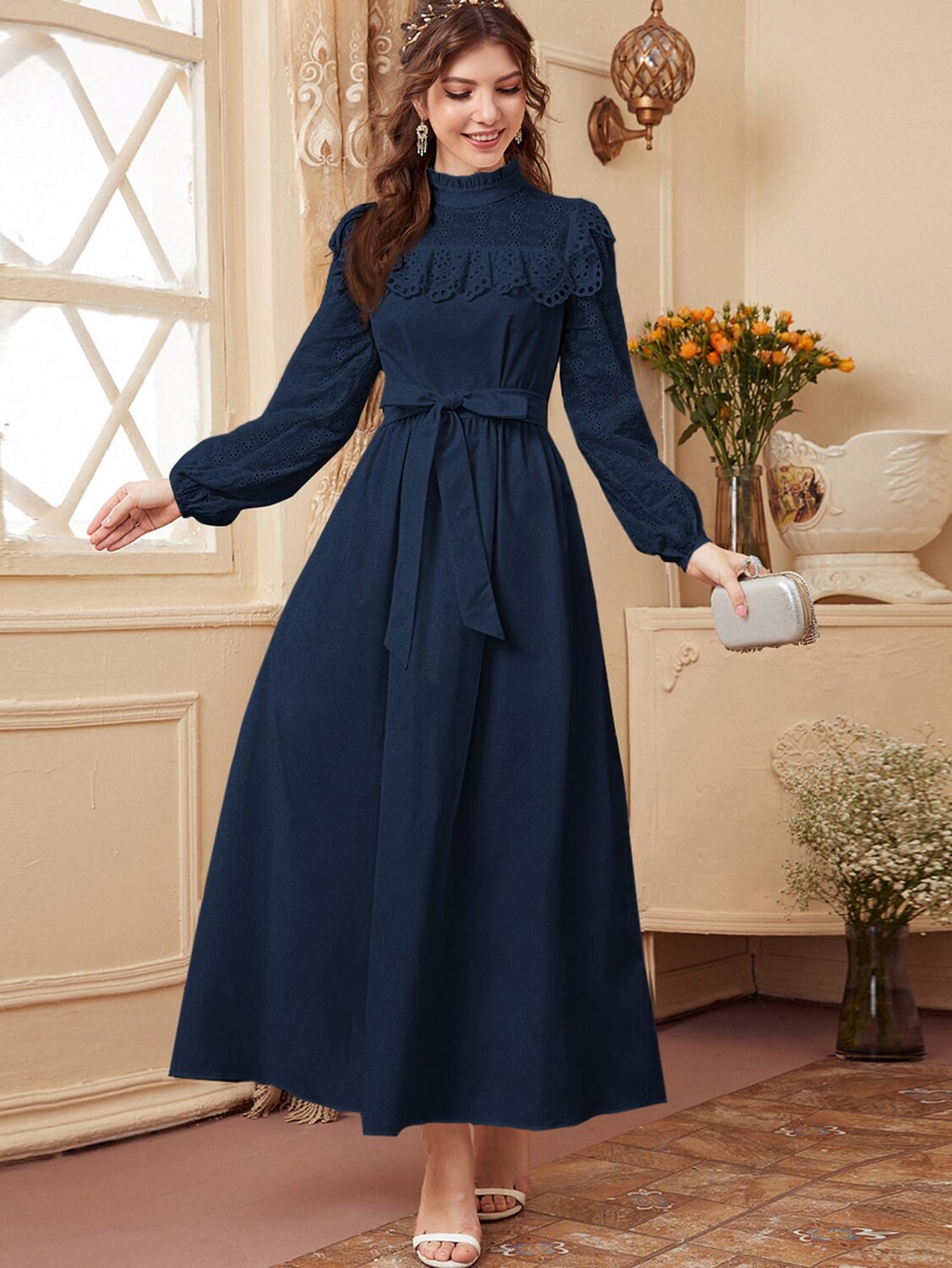 SHEIN Mulvari Арабское платье, пояс, пуговицы, оборки, край в виде листьев лотоса, вышивка петельками, простое, элегантное, темно-синий
SHEIN Mulvari Арабское платье, пояс, пуговицы, оборки, край в виде листьев лотоса, вышивка петельками, простое, элегантное, темно-синий