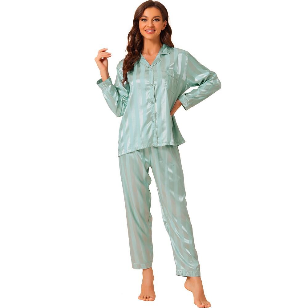 Женская ночная рубашка с брюками, атласная пижама для отдыха, мягкий пижамный комплект на пуговицах Cheibear, зеленый 
Женская ночная рубашка с брюками, атласная пижама для отдыха, мягкий пижамный комплект на пуговицах Cheibear, зеленый