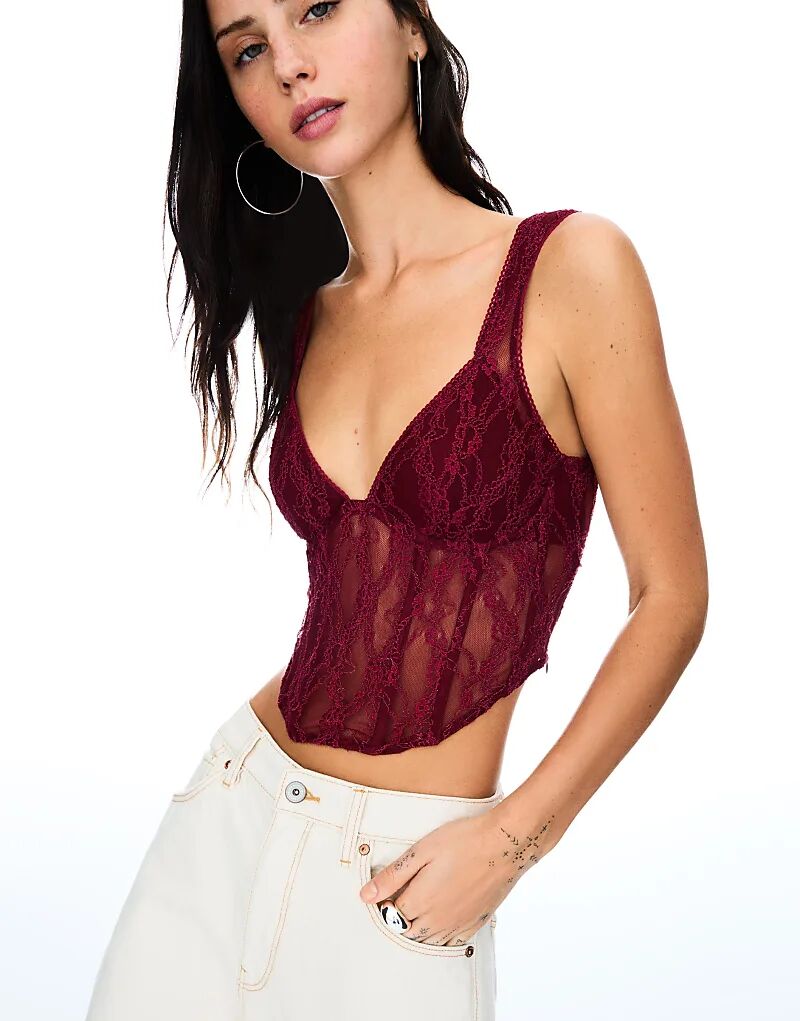 Кружевной топ Bershka с бретельками бордового цвета
Кружевной топ Bershka с бретельками бордового цвета