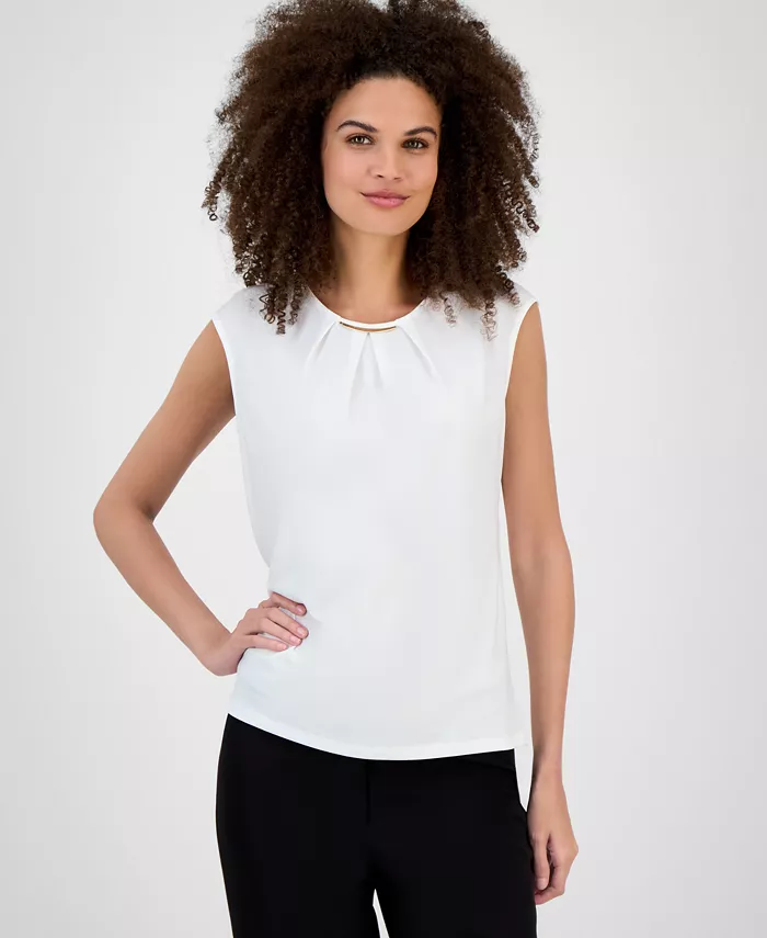 Блузка с круглым вырезом, складками и рукавами-крылышками, стандартная и миниатюрная Kasper, белый 
Блузка с круглым вырезом, складками и рукавами-крылышками, стандартная и миниатюрная Kasper, белый