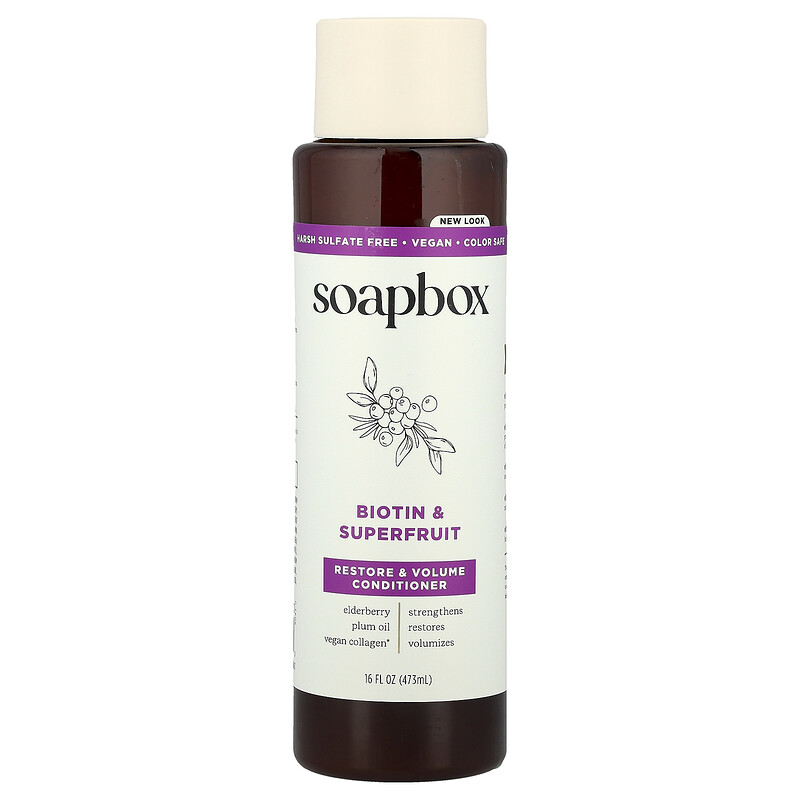 Soapbox, Кондиционер для восстановления и объема, биотин и суперфрукты, 473 мл (16 жидк. Унций)
Soapbox, Кондиционер для восстановления и объема, биотин и суперфрукты, 473 мл (16 жидк. Унций)