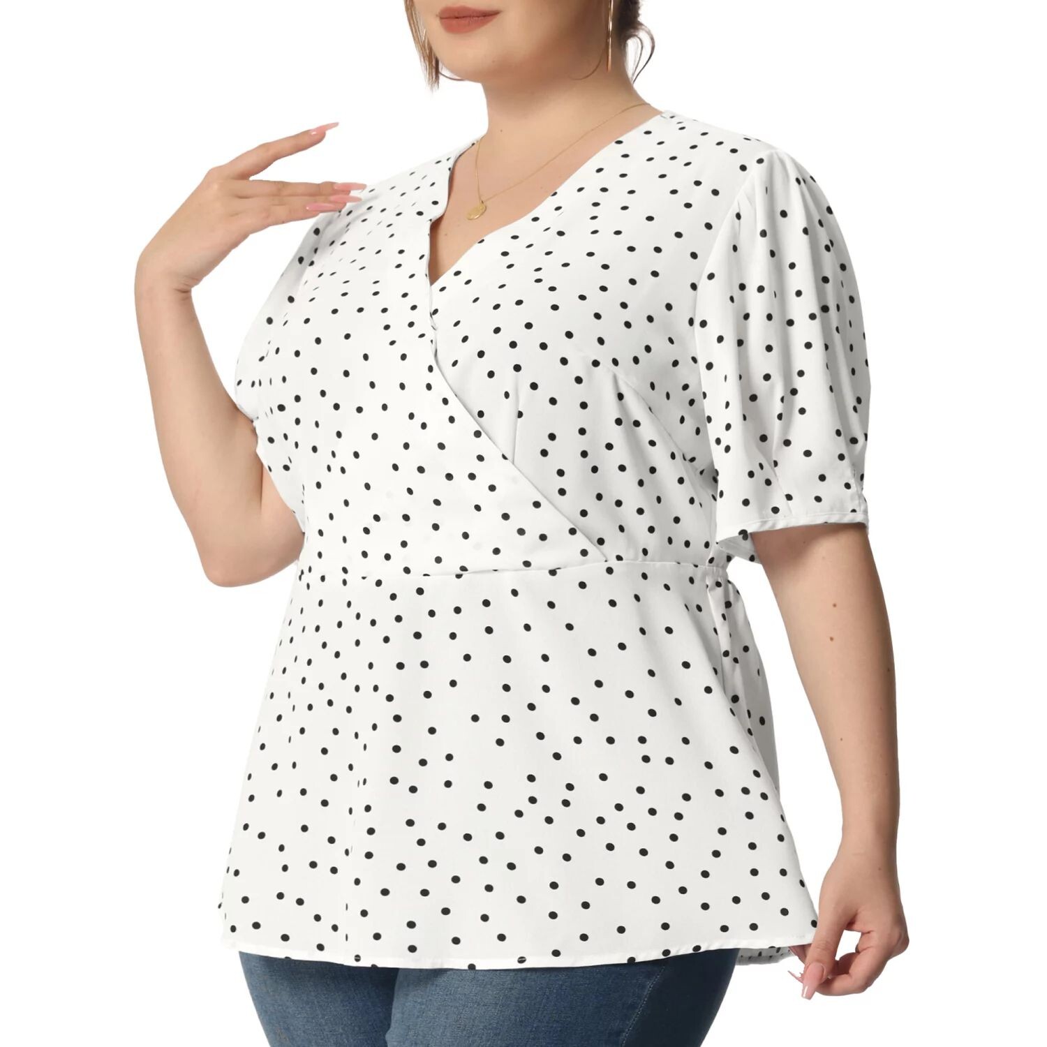 Женский топ больших размеров в горошек с V-образным вырезом и короткими рукавами и баской с запахом Agnes Orinda, белый
Женский топ больших размеров в горошек с V-образным вырезом и короткими рукавами и баской с запахом Agnes Orinda, белый