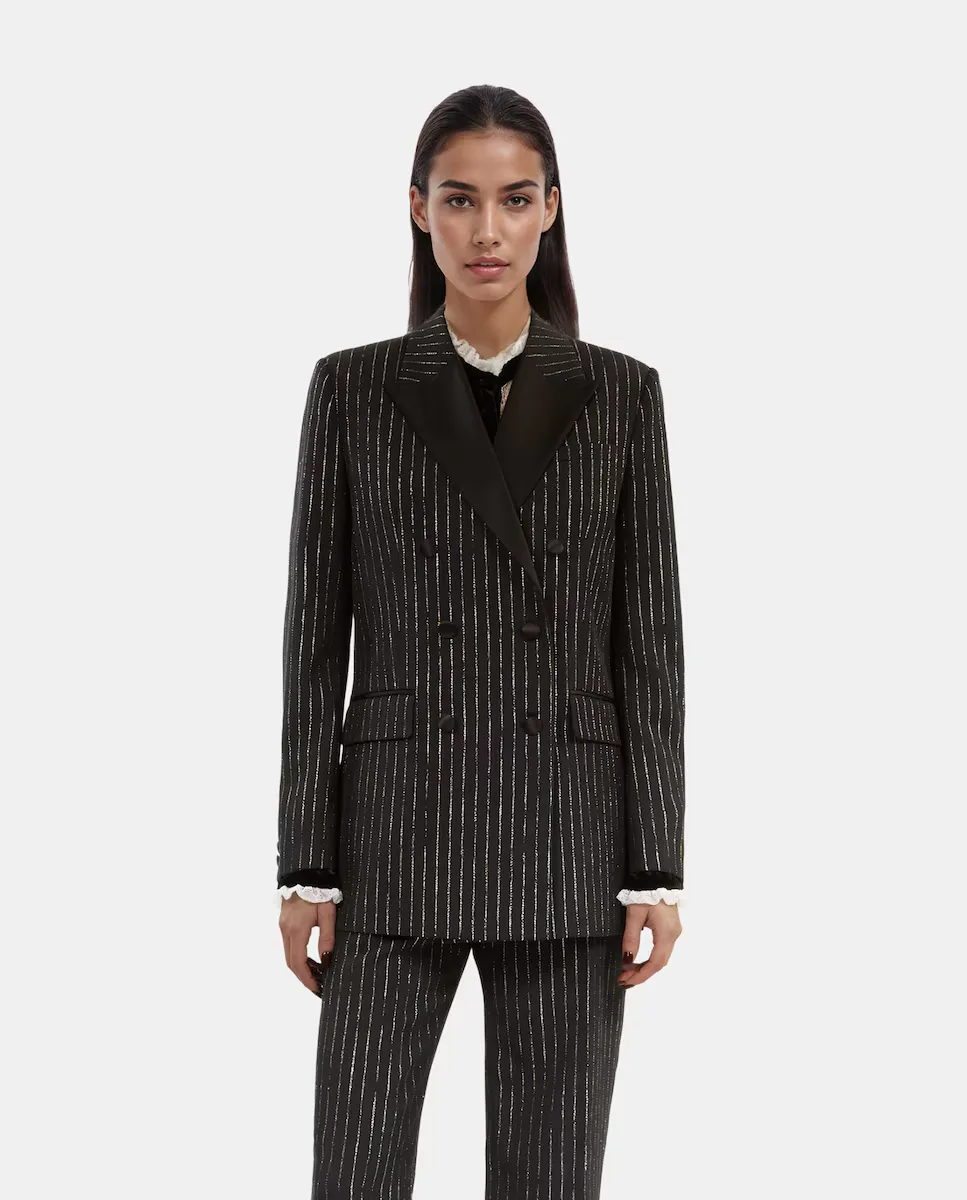 Женский пиджак прямого покроя в полоску The Kooples, черный 
Женский пиджак прямого покроя в полоску The Kooples, черный
