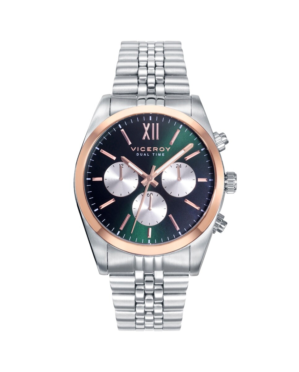 Шикарные мужские многофункциональные стальные часы с зеленым циферблатом и золотым безелем Viceroy, серебро
Шикарные мужские многофункциональные стальные часы с зеленым циферблатом и золотым безелем Viceroy, серебро