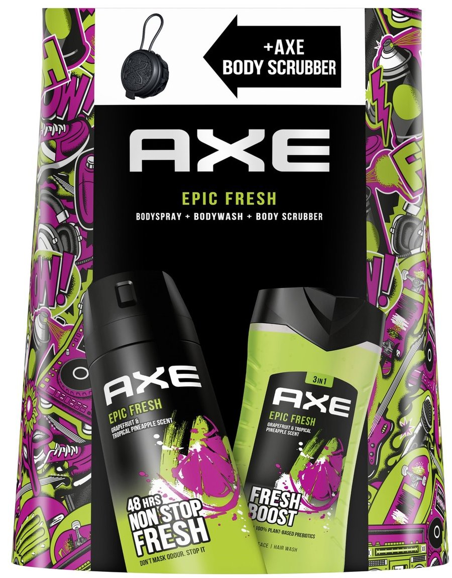 AXE EPIC FRESH Мужской косметический набор гель + дезодорант + грубая мочалка 
AXE EPIC FRESH Мужской косметический набор гель + дезодорант + грубая мочалка