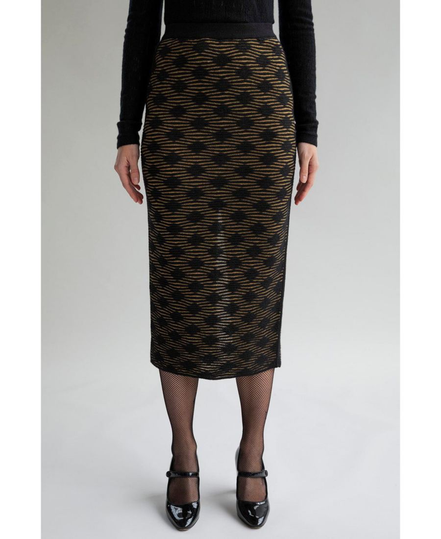 Женская юбка-карандаш из жаккардовой ткани с геометрическим узором SSKEIN, Golden black
Женская юбка-карандаш из жаккардовой ткани с геометрическим узором SSKEIN, Golden black