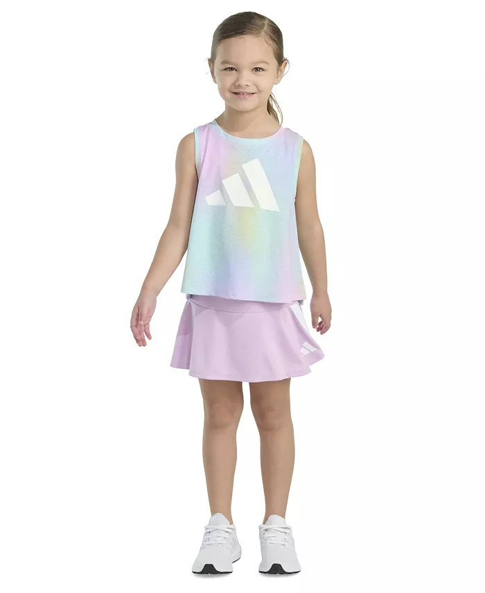 Комплект для девочек: топ с принтом и юбка-шорты с 3 полосками adidas, синий
Комплект для девочек: топ с принтом и юбка-шорты с 3 полосками adidas, синий