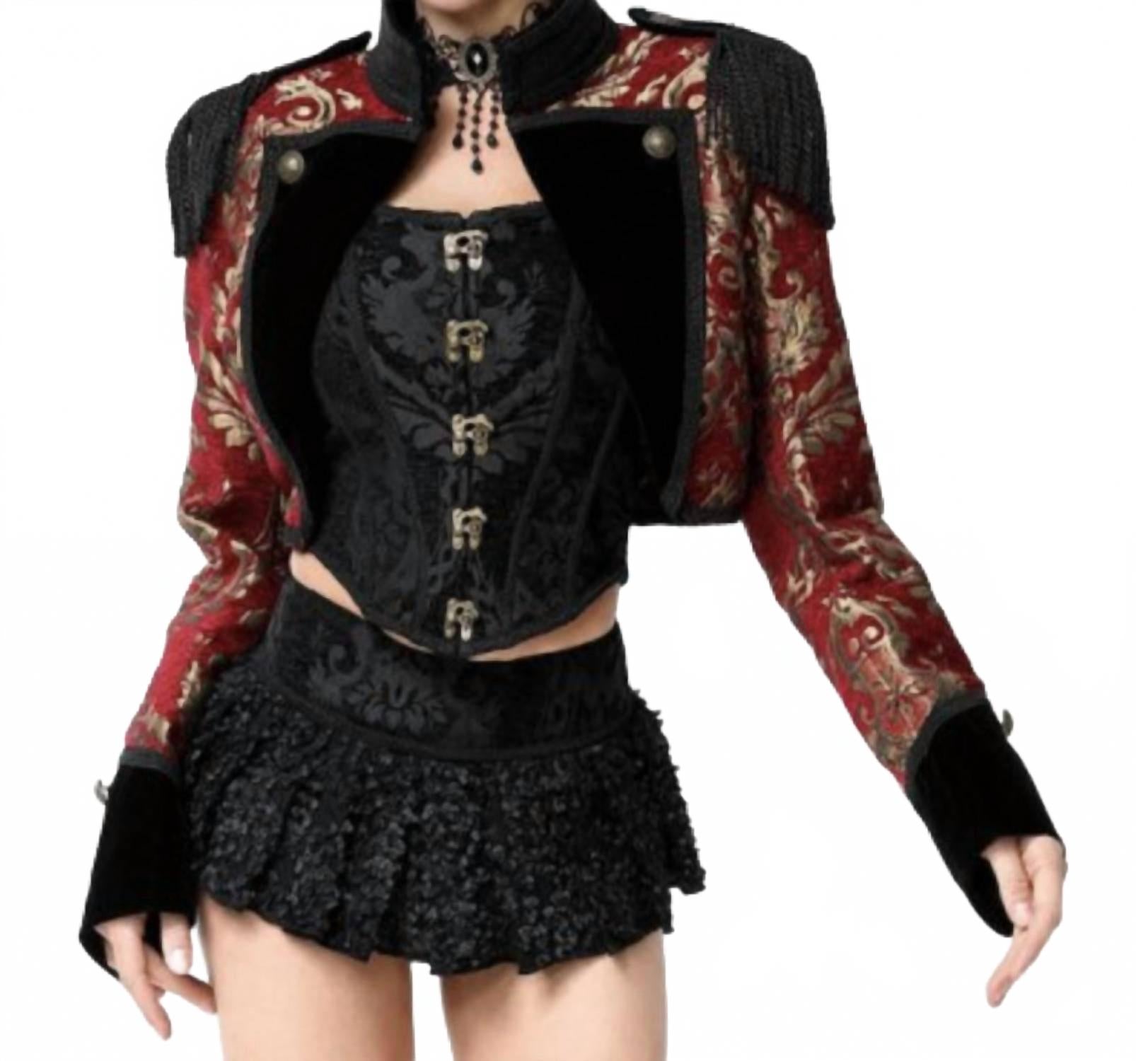 Готический жаккардовый жакет-болеро с открытым передом красного цвета Pentagramme 
Готический жаккардовый жакет-болеро с открытым передом красного цвета Pentagramme