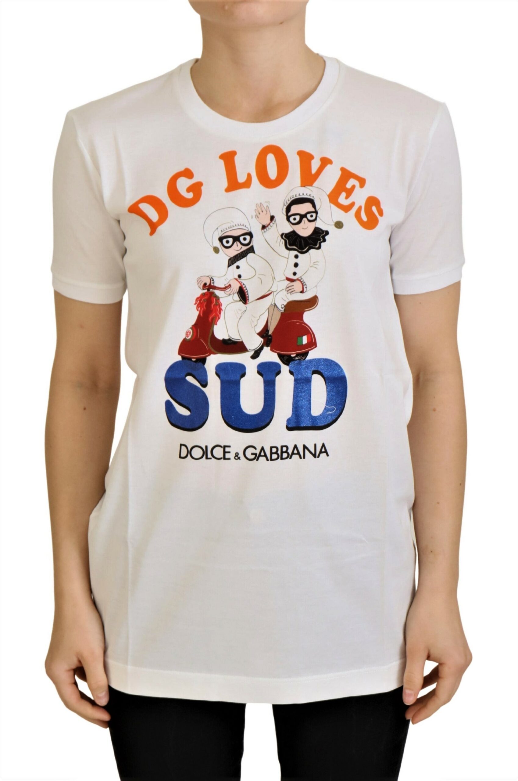 Элегантная белая футболка с круглым вырезом и красочным принтом Dolce & Gabbana
Элегантная белая футболка с круглым вырезом и красочным принтом Dolce & Gabbana