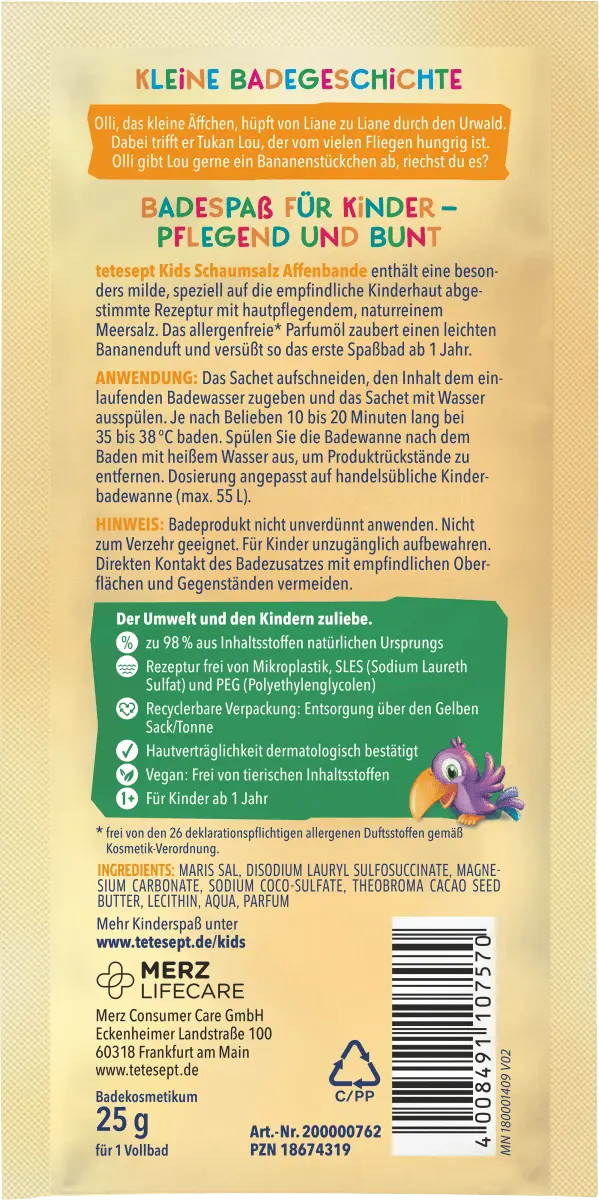 Детская добавка для ванны пена соль обезьянка 25 г. tetesept 
Детская добавка для ванны пена соль обезьянка 25 г. tetesept