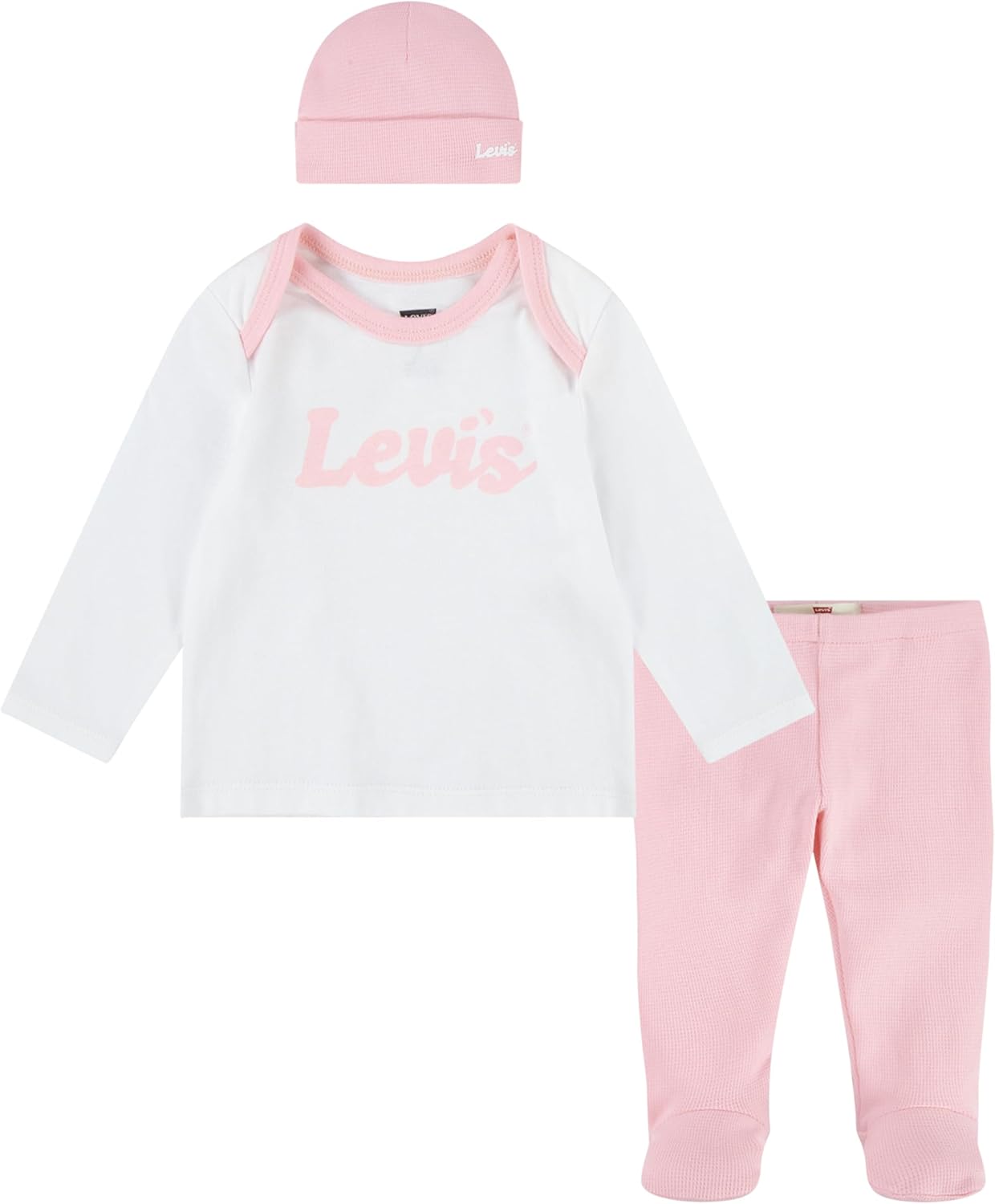 Комплект из 3 предметов: детская футболка с длинным рукавом Levi's, штаны и шапочка унисекс, White/Pink
Комплект из 3 предметов: детская футболка с длинным рукавом Levi's, штаны и шапочка унисекс, White/Pink