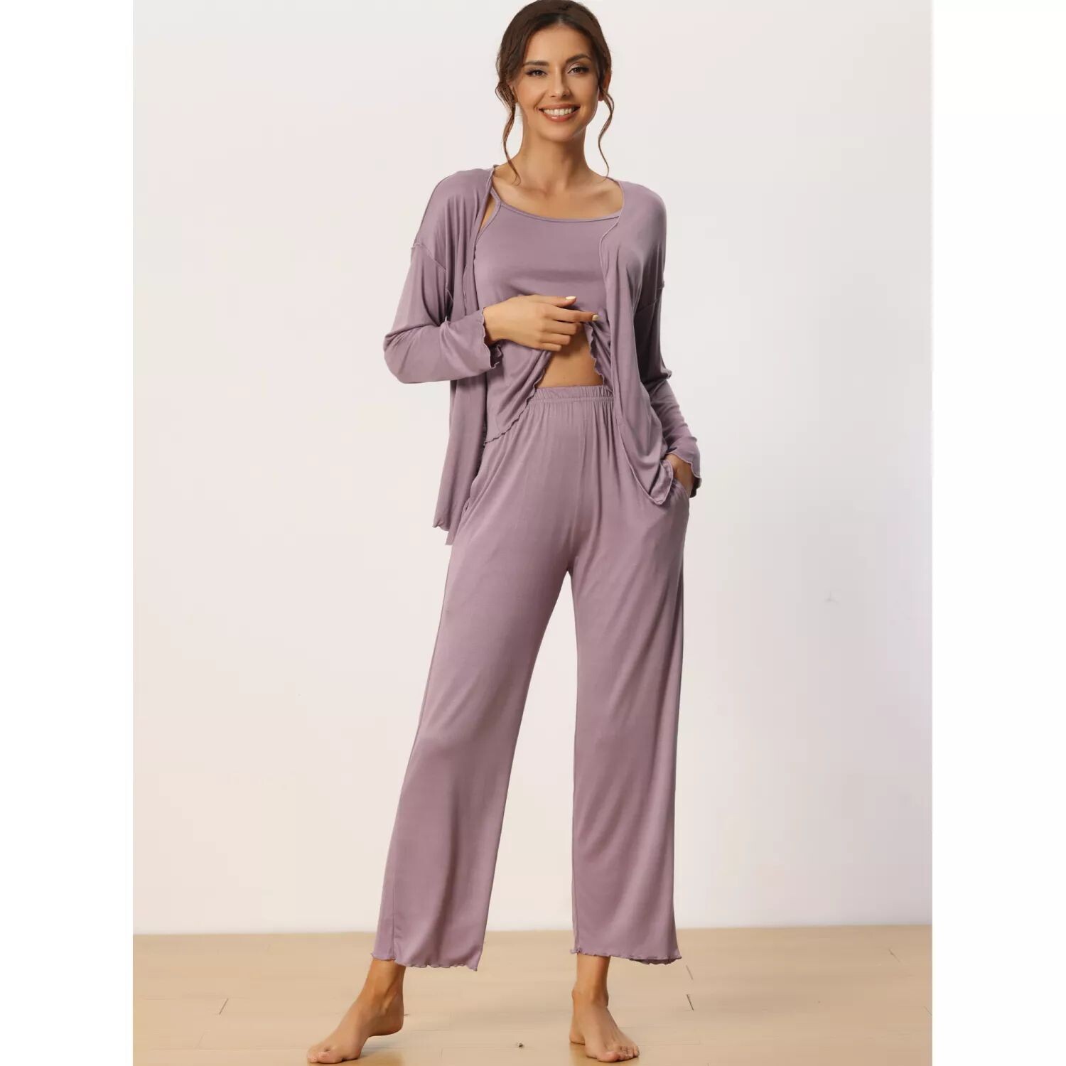 Cheibear Женская одежда для сна из 3 предметов, однотонные топы с длинными рукавами, майка и брюки, пижамный комплект cheibear, черный