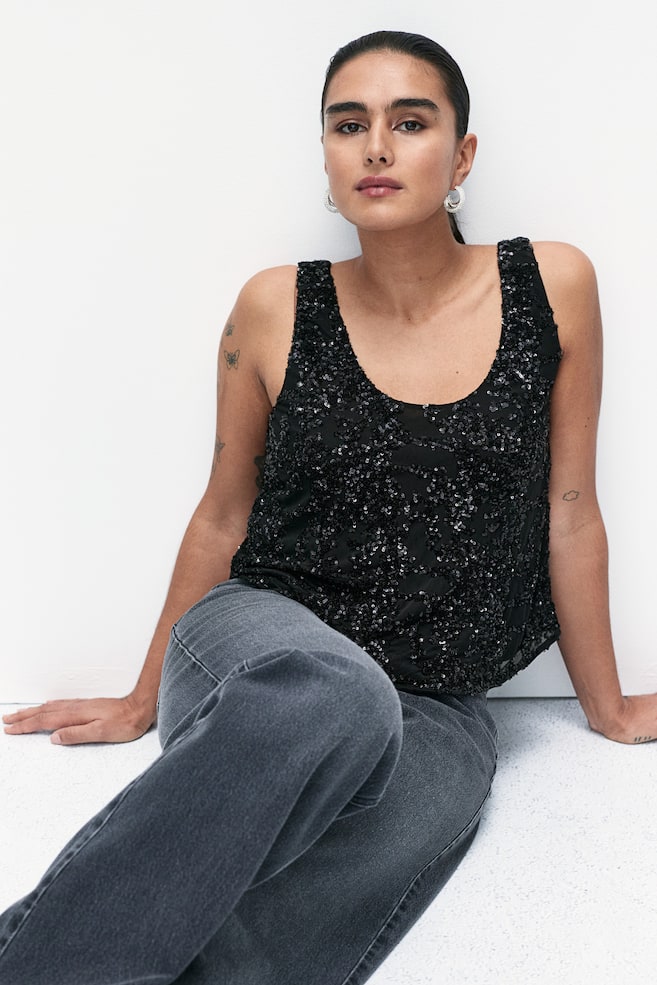 Майка с круглым вырезом и пайетками H&M, черный
Майка с круглым вырезом и пайетками H&M, черный