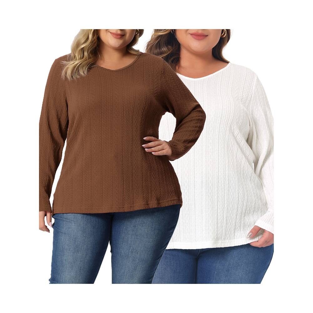 Топ больших размеров для женщин, повседневные вязаные туники с круглым вырезом и длинными рукавами Agnes Orinda, цвет Brown White