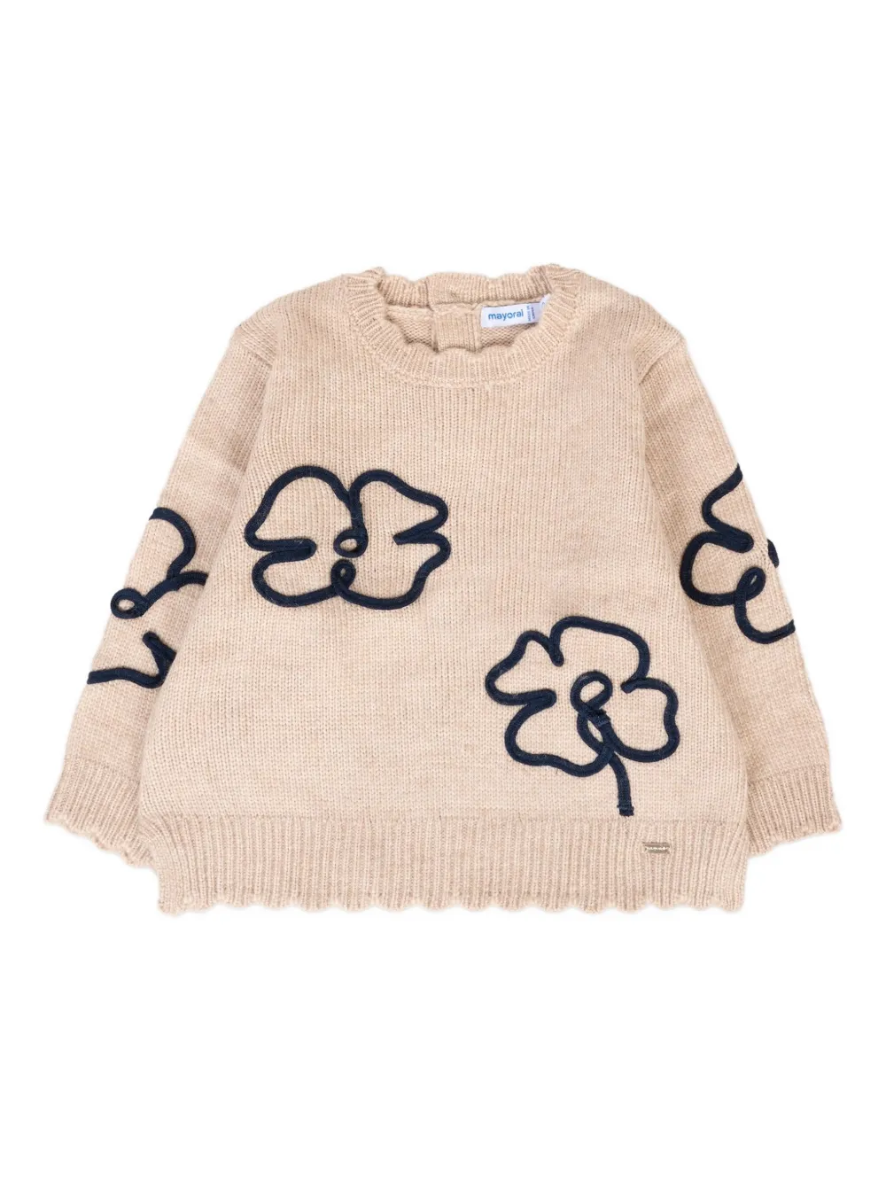Вязаный свитер с фестончатым подолом и цветочной вышивкой Mayoral, нейтральный
Вязаный свитер с фестончатым подолом и цветочной вышивкой Mayoral, нейтральный
