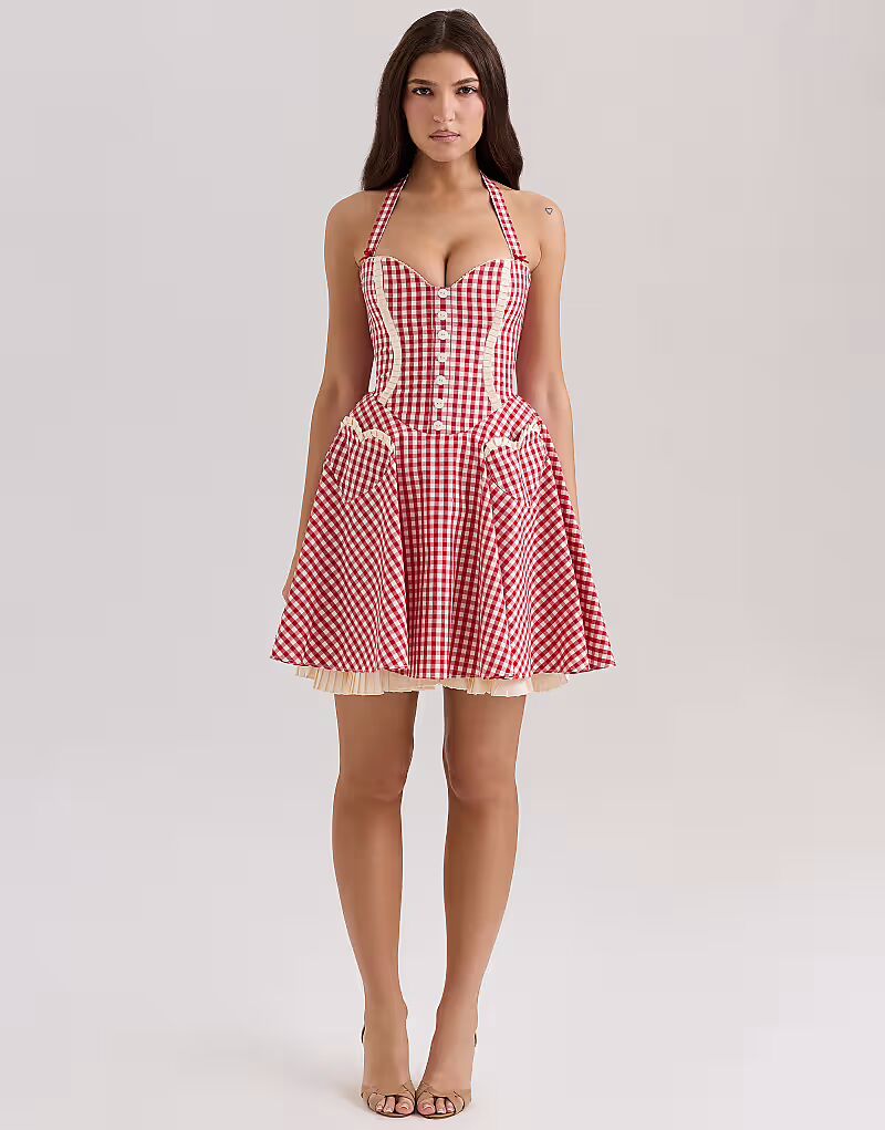 Мини-платье House of CB Heidi из хлопка с халтер-воротником в красную клетку 
Мини-платье House of CB Heidi из хлопка с халтер-воротником в красную клетку