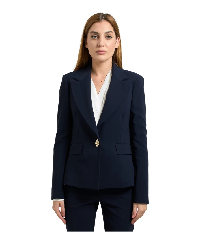 Синий женский однобортный пиджак с застежкой, украшенной драгоценными камнями. Fracomina, синий
Синий женский однобортный пиджак с застежкой, украшенной драгоценными камнями. Fracomina, синий