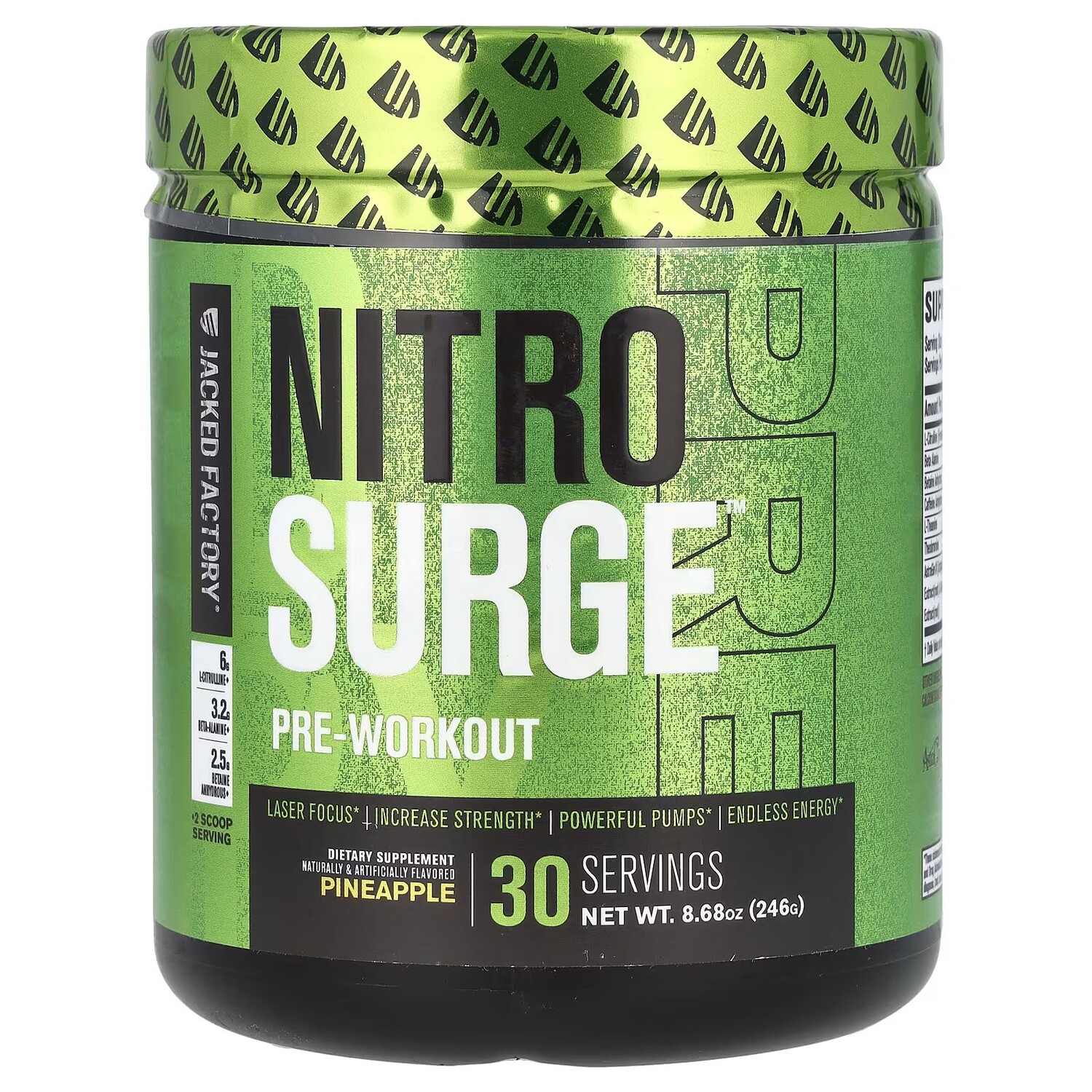 Nitro Surge, Предтренировочный комплекс, ананас, 8,68 унции (246 г) Jacked Factory
Nitro Surge, Предтренировочный комплекс, ананас, 8,68 унции (246 г) Jacked Factory