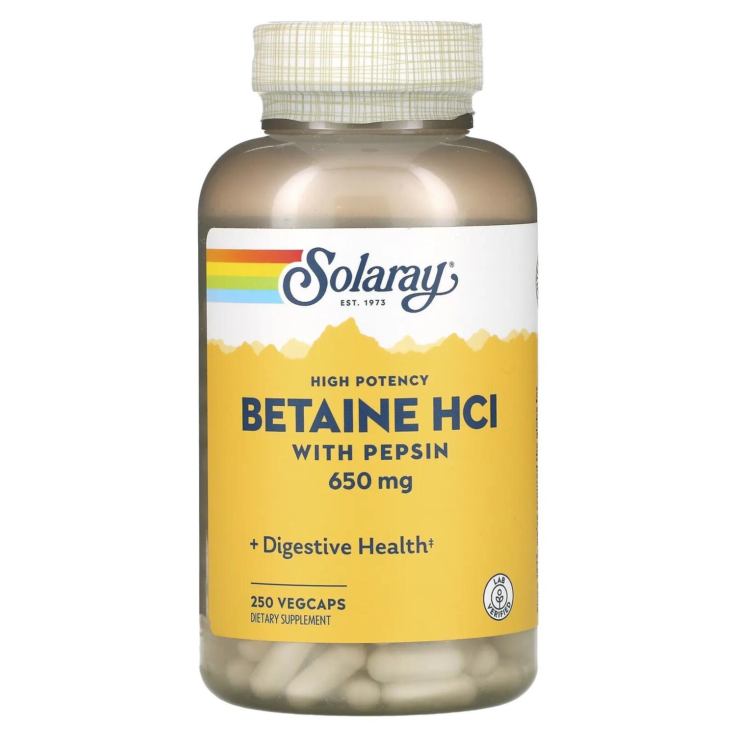 Solaray HCL with Pepsin 650 mg 250 Capsules
Solaray HCL with Pepsin 650 mg 250 Capsules