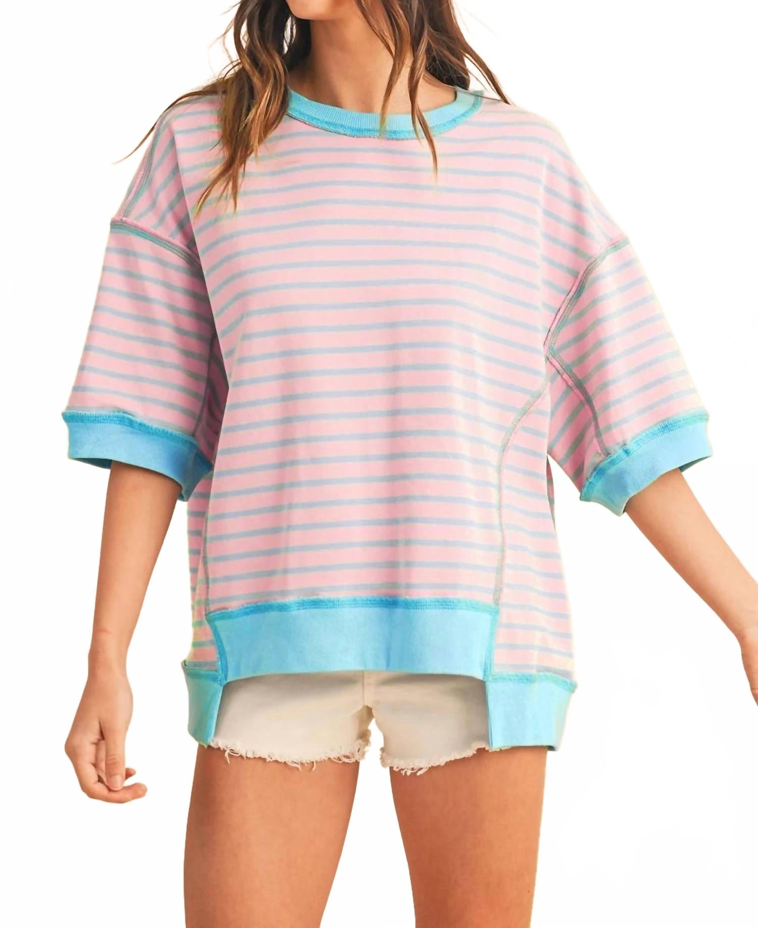 Розово-голубая полосатая оверсайз футболка Cotton Candy Shewin
Розово-голубая полосатая оверсайз футболка Cotton Candy Shewin