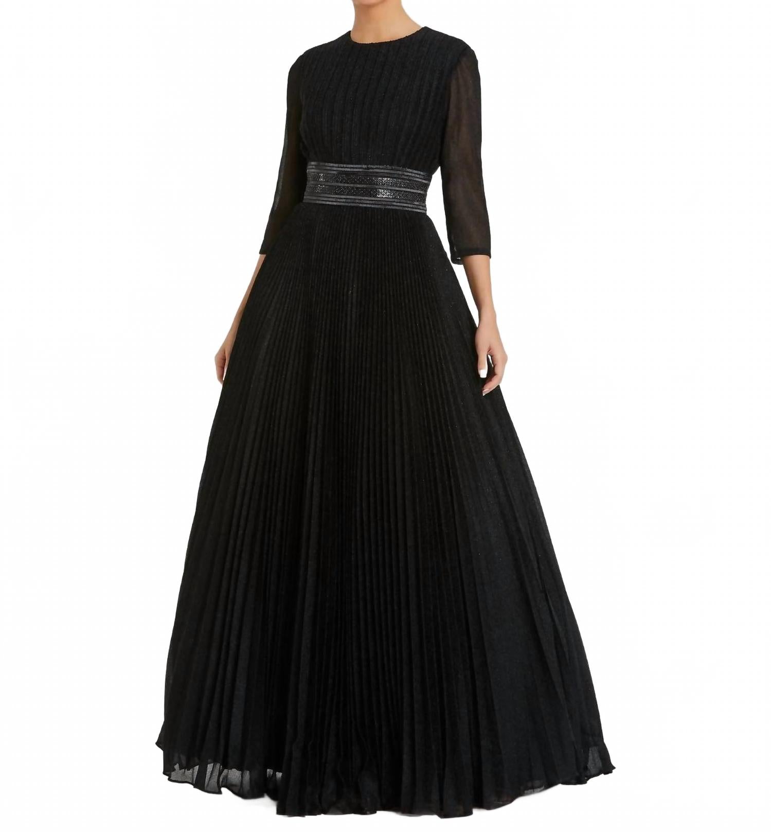 Черное мерцающее плиссированное платье-футляр с расклешенным подолом Mac Duggal 
Черное мерцающее плиссированное платье-футляр с расклешенным подолом Mac Duggal